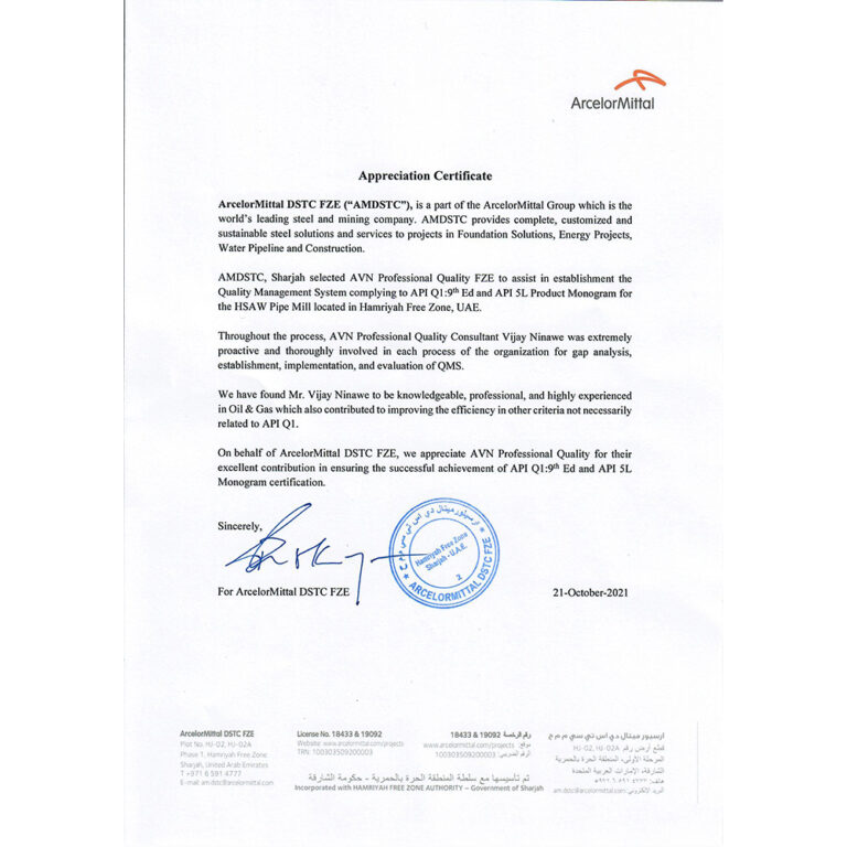 Appreciation Certificate - ArcellorMittal