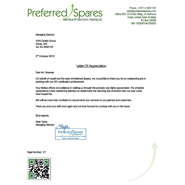 Letter of Appreciation - Preferred Spares
