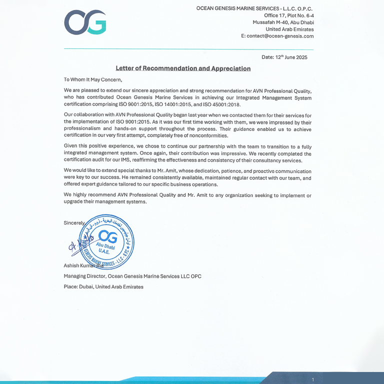 Letter of Recommendation - Ocean Genesis (ISO 9001, ISO 14001, ISO 45001)